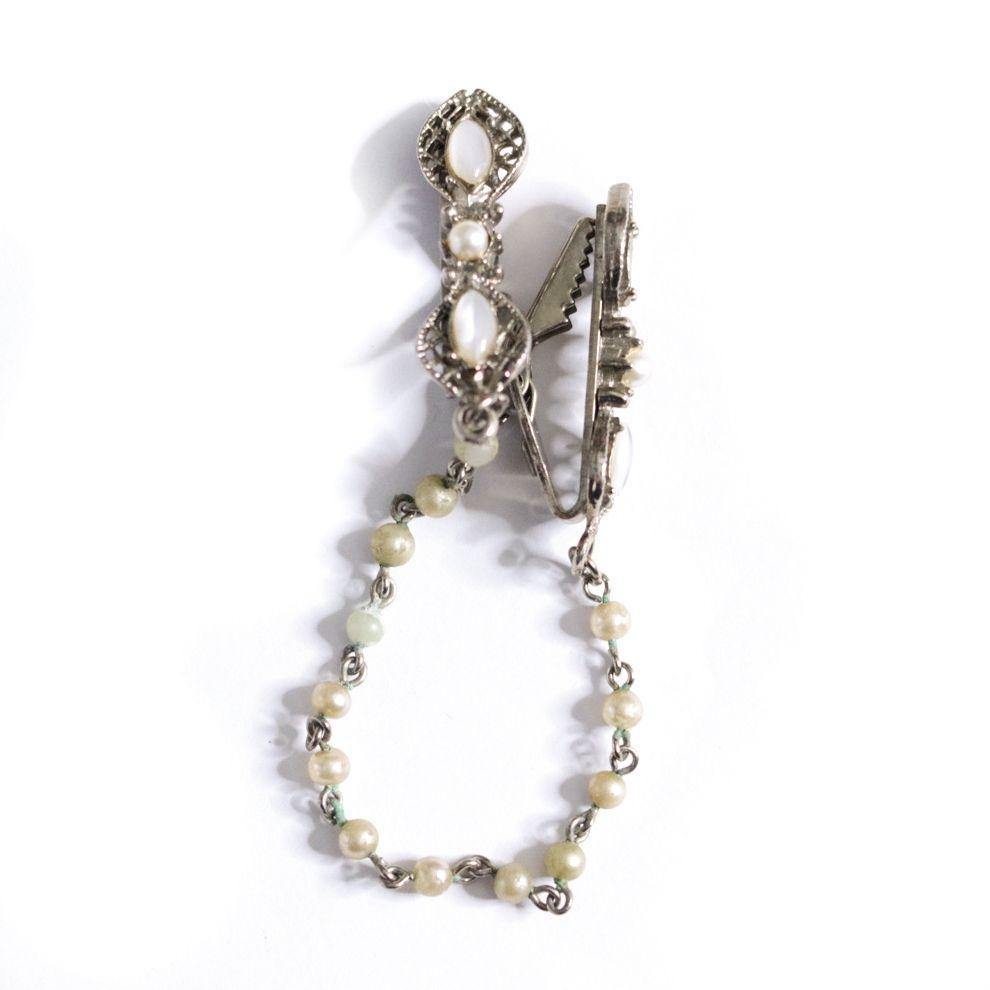 Vintage Silver Sweater Guard with Cats Eye Glass and Faux Pearls by Unsigned Beauty - Vintage Meet Modern Vintage Jewelry - Chicago, Illinois - #oldhollywoodglamour #vintagemeetmodern #designervintage #jewelrybox #antiquejewelry #vintagejewelry