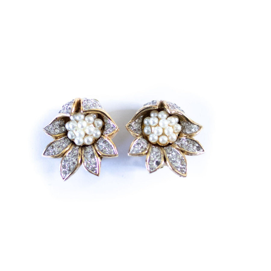 Vintage Jomaz Pearl and Diamante Rhinestone Flower Earrings by Jomaz - Vintage Meet Modern Vintage Jewelry - Chicago, Illinois - #oldhollywoodglamour #vintagemeetmodern #designervintage #jewelrybox #antiquejewelry #vintagejewelry