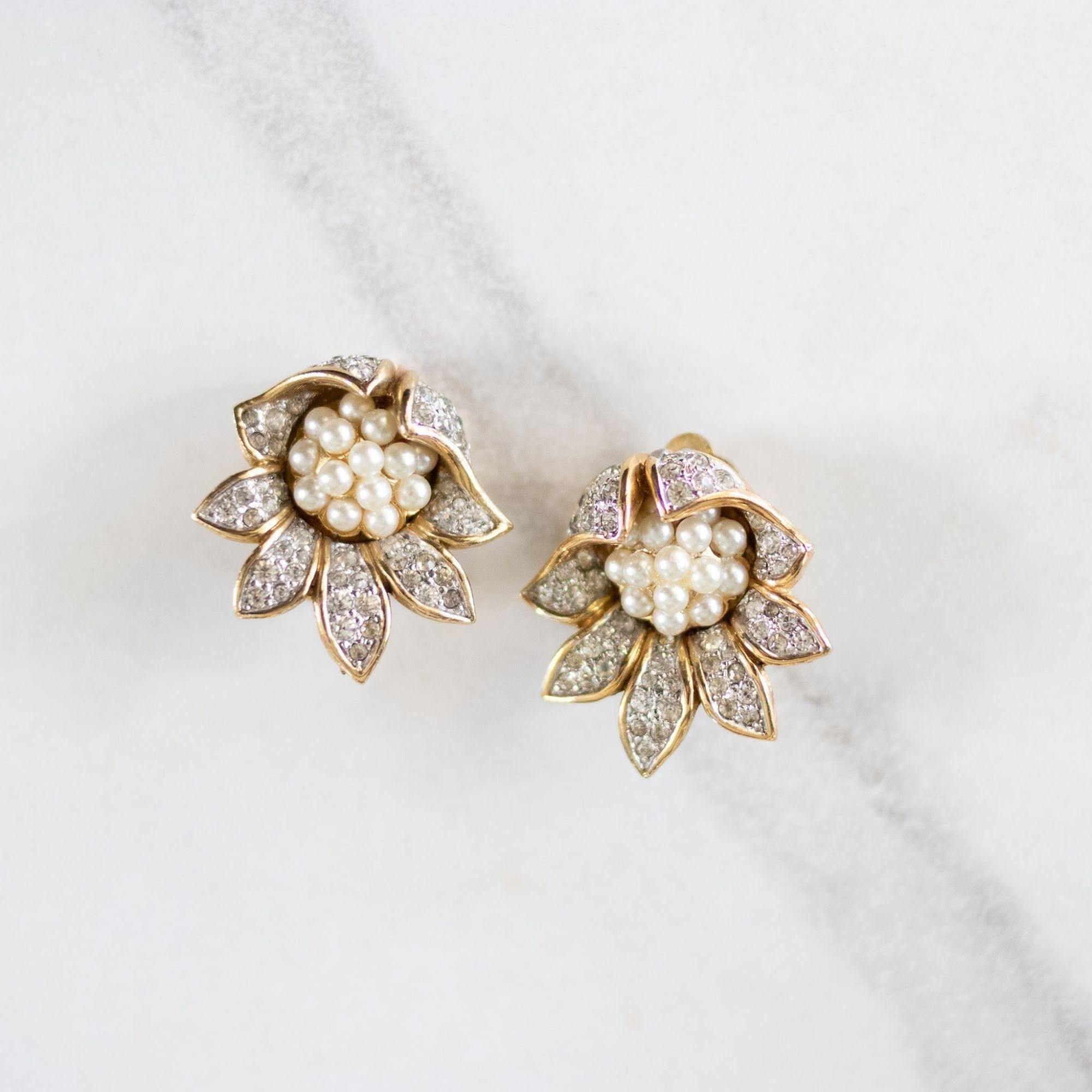 Vintage Jomaz Pearl and Diamante Rhinestone Flower Earrings by Jomaz - Vintage Meet Modern Vintage Jewelry - Chicago, Illinois - #oldhollywoodglamour #vintagemeetmodern #designervintage #jewelrybox #antiquejewelry #vintagejewelry