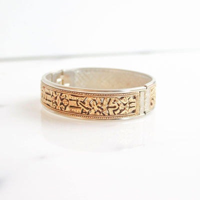 Vintage Gold Cutwork and Silver Hinged Bangle Bracelet by Unsigned Beauty - Vintage Meet Modern Vintage Jewelry - Chicago, Illinois - #oldhollywoodglamour #vintagemeetmodern #designervintage #jewelrybox #antiquejewelry #vintagejewelry