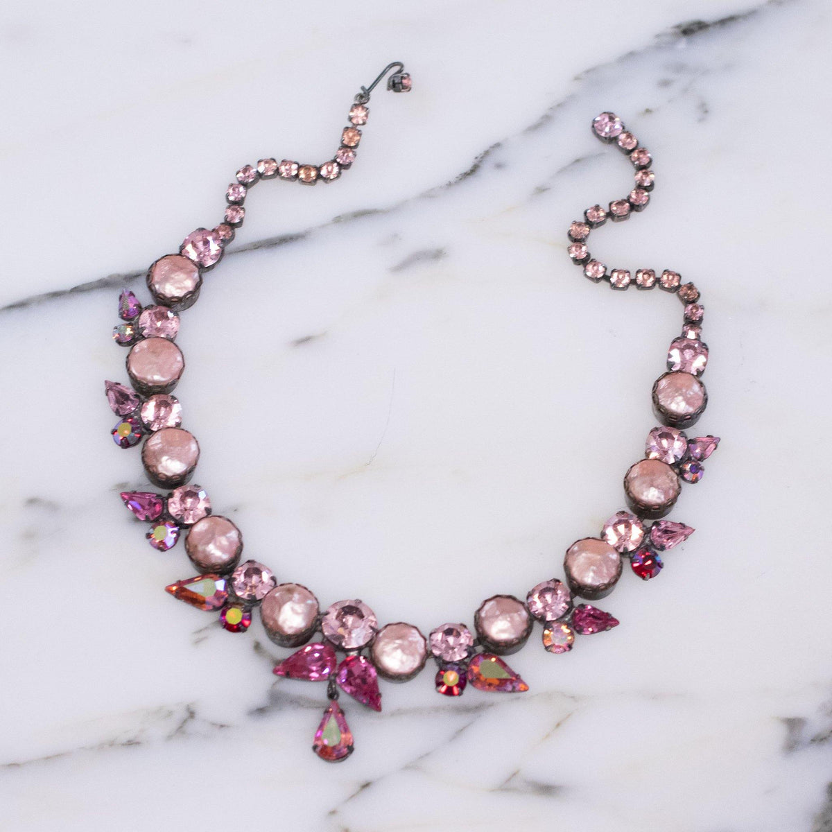 Vintage Pink Coin Pearl and Pink Rhinestone Necklace