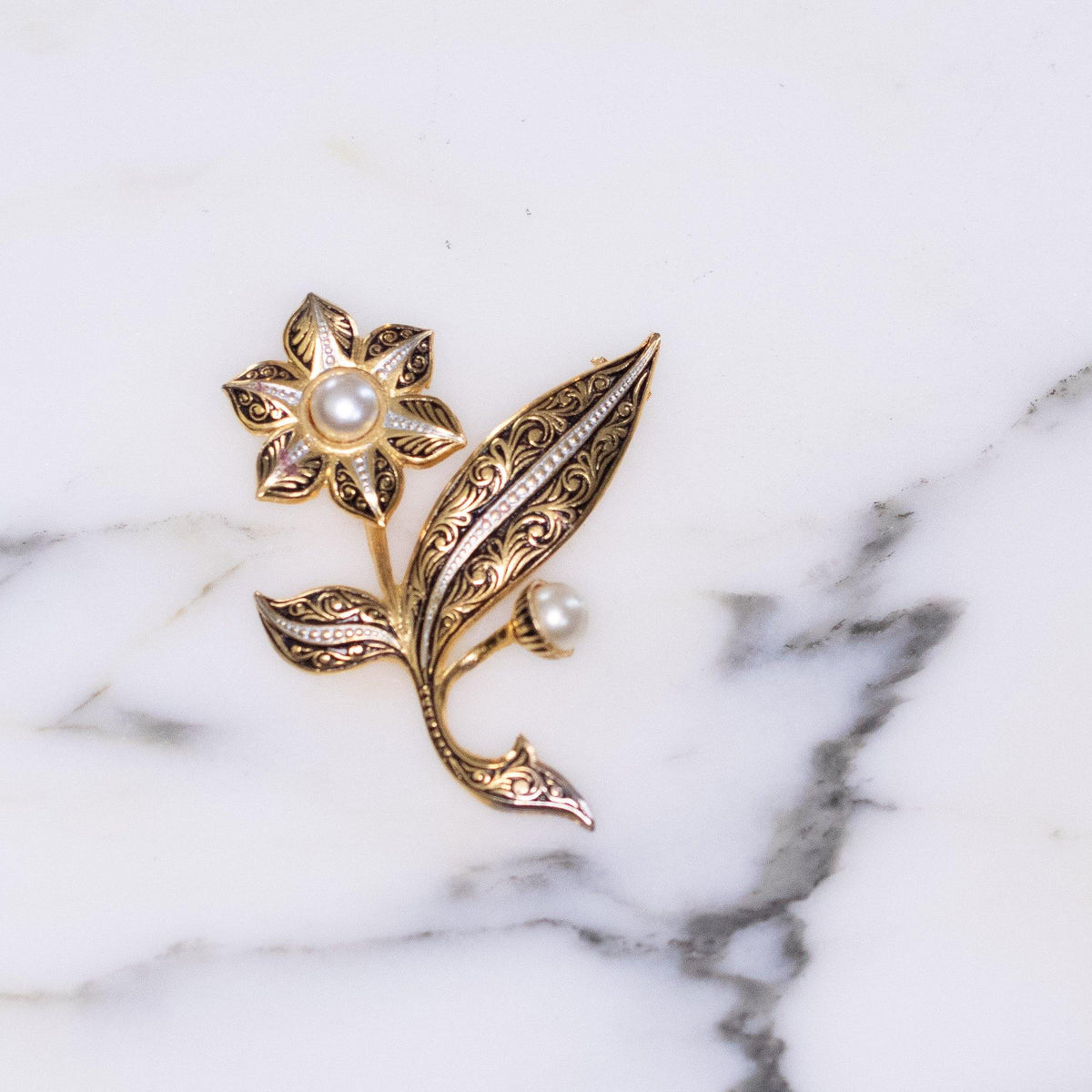 Vintage Damascene Silver and Gold Flower with Pearl Flower Brooch