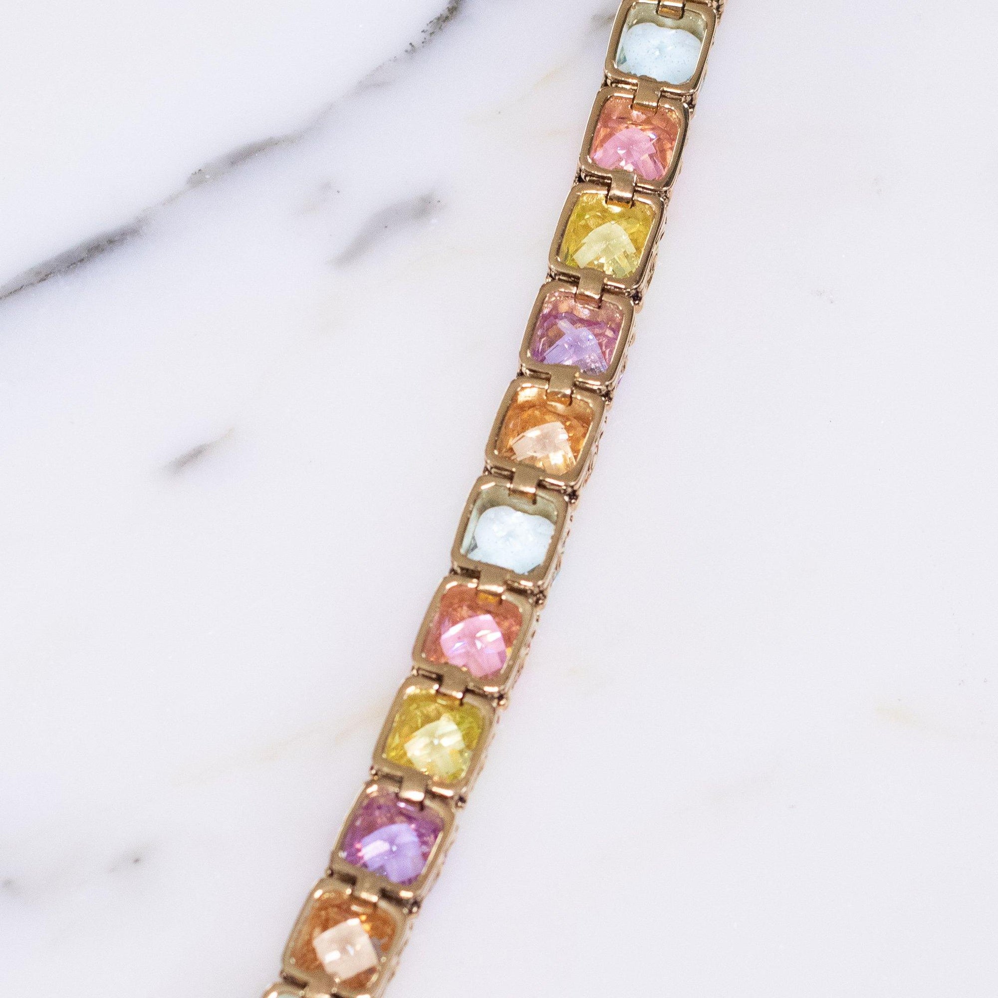 Vintage Seta Pastel Cushion Cut CZ Wide Tennis Style Line Bracelet in Purple, Pink, Light Blue and Lemon Citrine by SETA - Vintage Meet Modern Vintage Jewelry - Chicago, Illinois - #oldhollywoodglamour #vintagemeetmodern #designervintage #jewelrybox #antiquejewelry #vintagejewelry