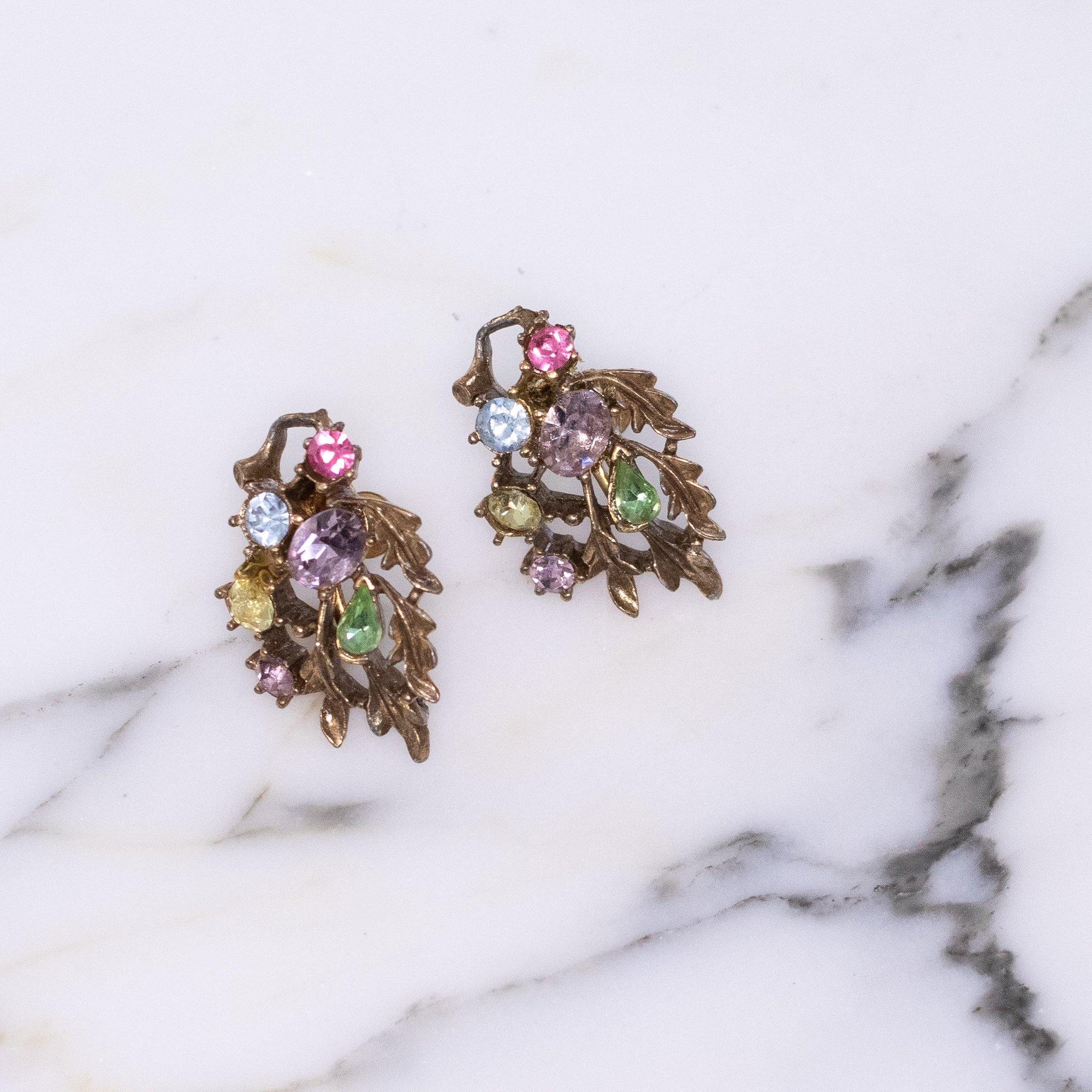 Vintage Lisner Gold Leaf Earrings with Pastel Rhinestones in Blue, Green, and Pink by Lisner - Vintage Meet Modern Vintage Jewelry - Chicago, Illinois - #oldhollywoodglamour #vintagemeetmodern #designervintage #jewelrybox #antiquejewelry #vintagejewelry