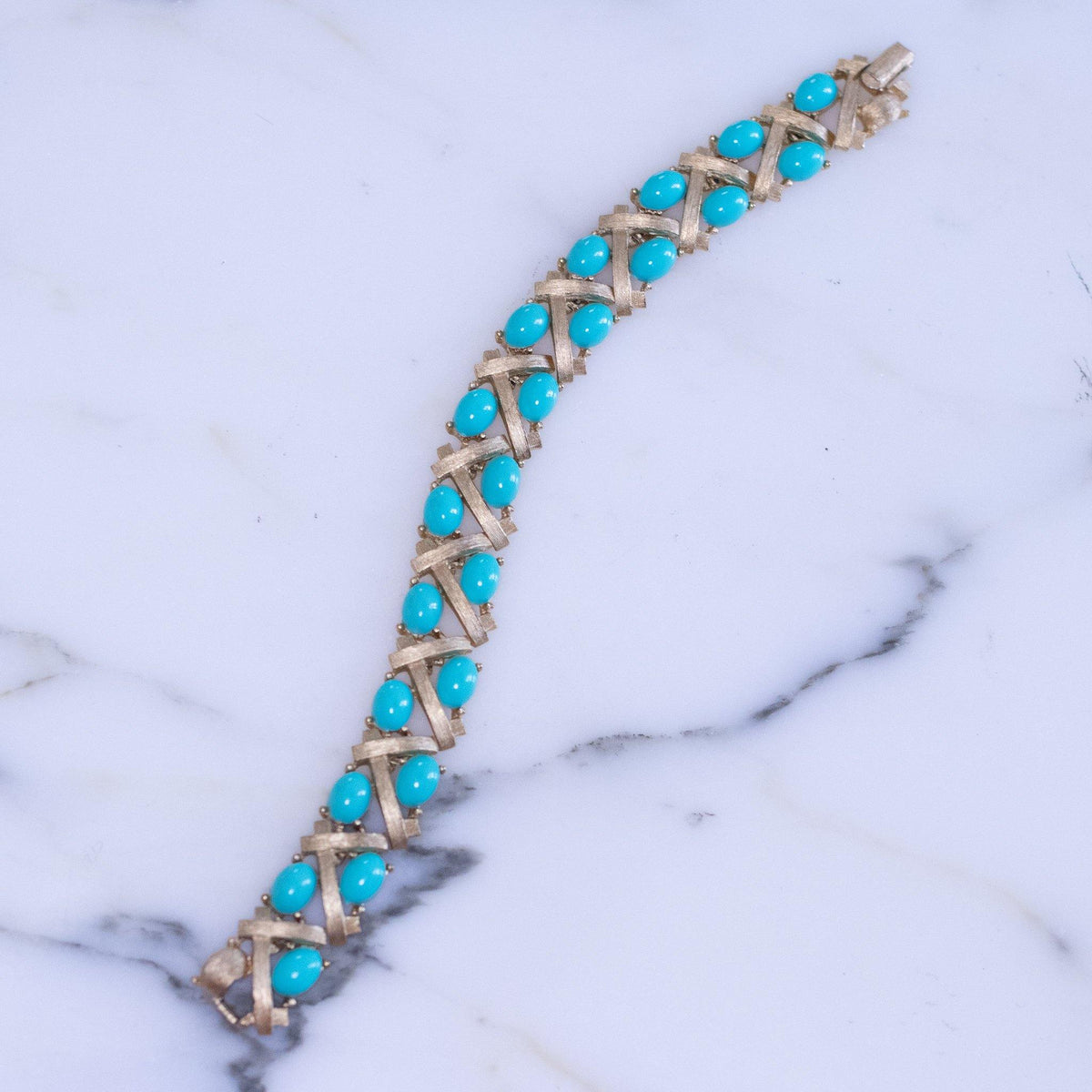 Vintage Crown Trifari Turquoise Glass Cabochon and Gold Tone Bracelet