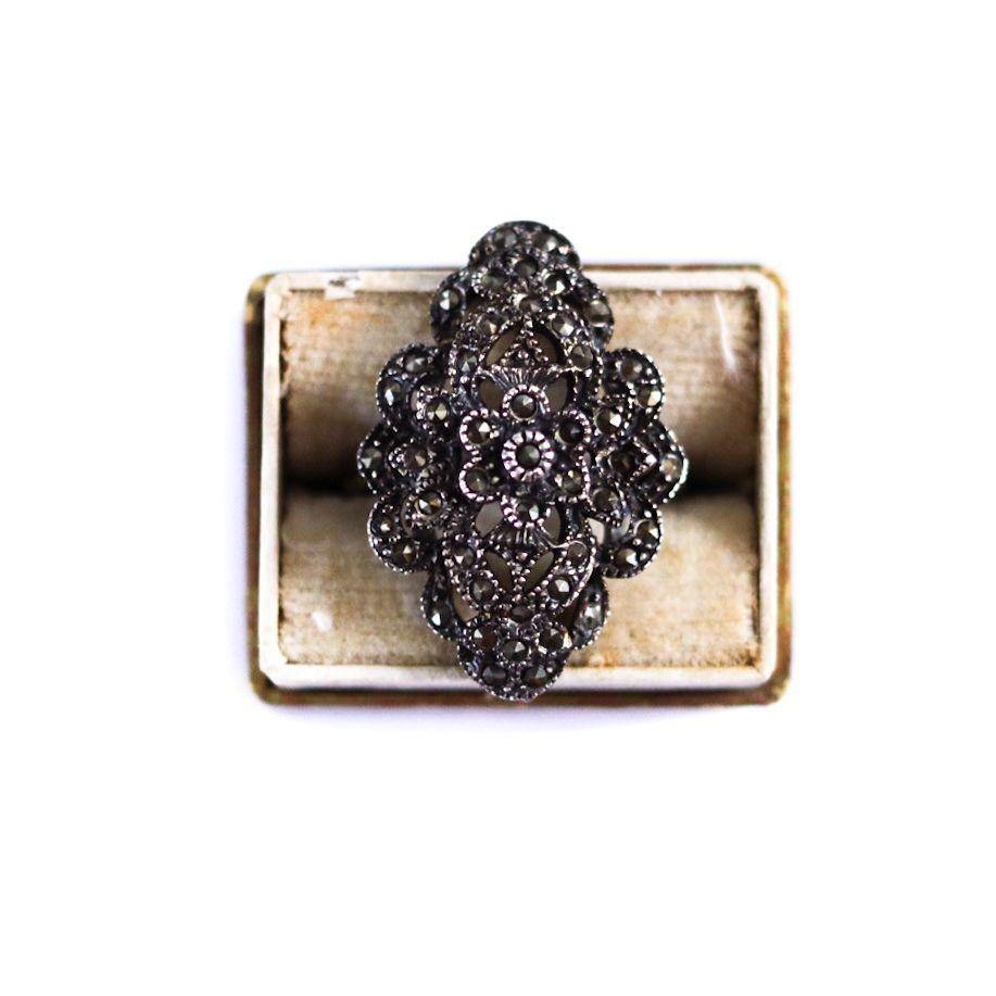 Vintage Victorian Revival Marcasite and Sterling Silver Statement Ring
