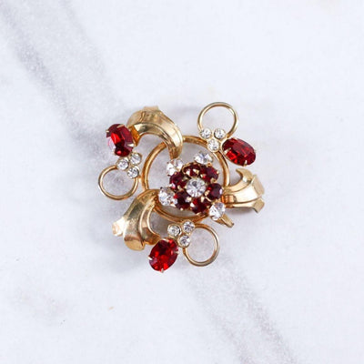 Vintage 1940s Gold Scroll with Garnet Red Crystal by Unsigned Beauty - Vintage Meet Modern Vintage Jewelry - Chicago, Illinois - #oldhollywoodglamour #vintagemeetmodern #designervintage #jewelrybox #antiquejewelry #vintagejewelry