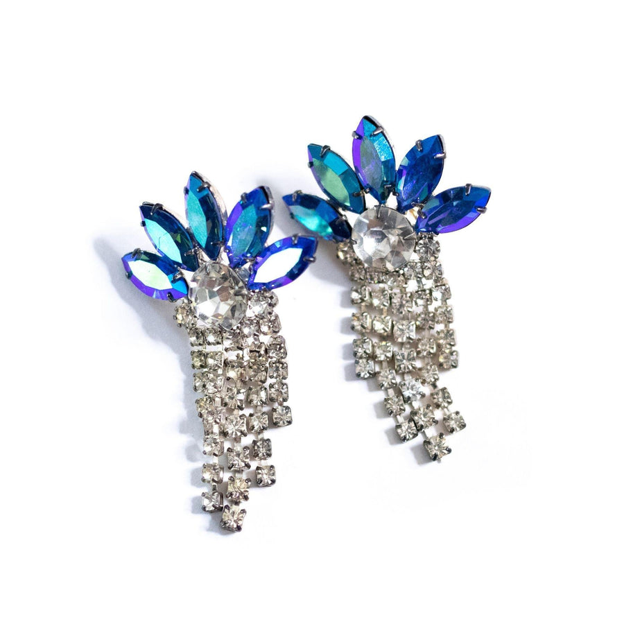 Vintage Blue Aurora Borealis and Diamante Rhinestone Tassel Earrings by Unsigned Beauty - Vintage Meet Modern Vintage Jewelry - Chicago, Illinois - #oldhollywoodglamour #vintagemeetmodern #designervintage #jewelrybox #antiquejewelry #vintagejewelry