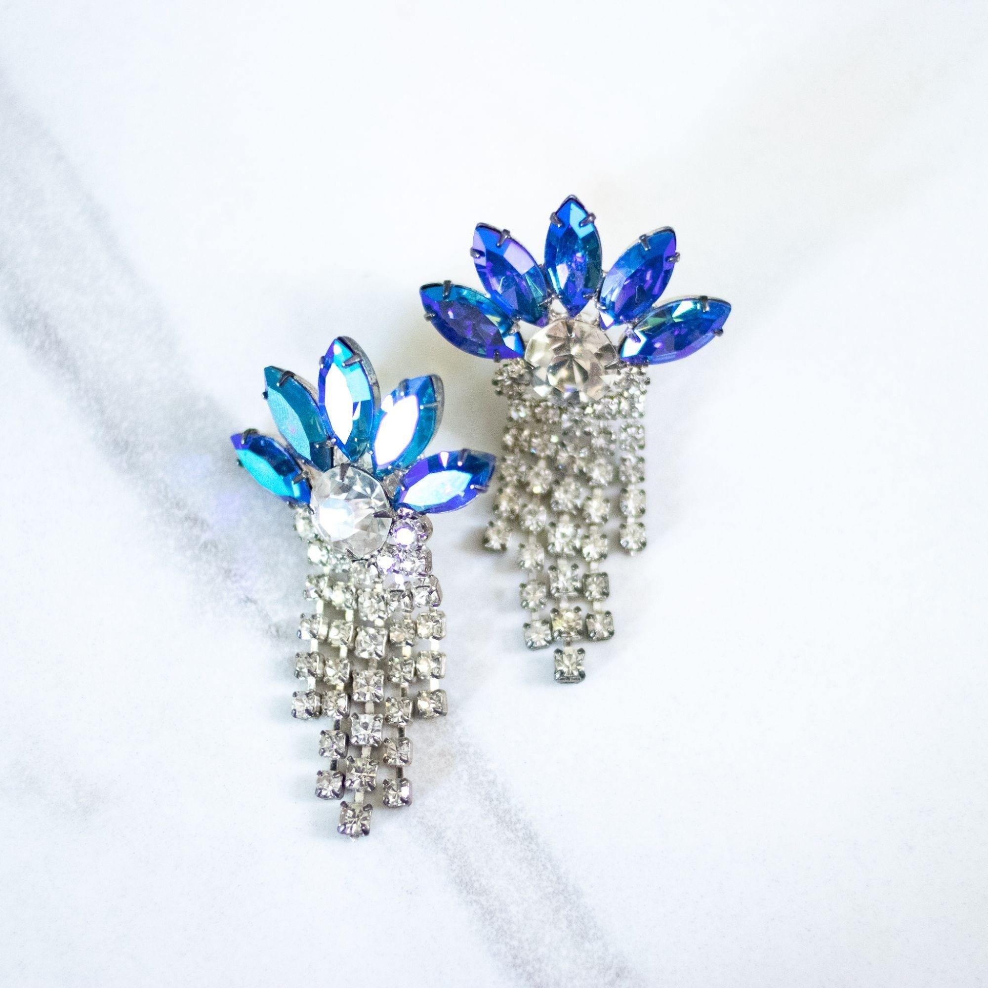 Vintage Blue Aurora Borealis and Diamante Rhinestone Tassel Earrings by Unsigned Beauty - Vintage Meet Modern Vintage Jewelry - Chicago, Illinois - #oldhollywoodglamour #vintagemeetmodern #designervintage #jewelrybox #antiquejewelry #vintagejewelry