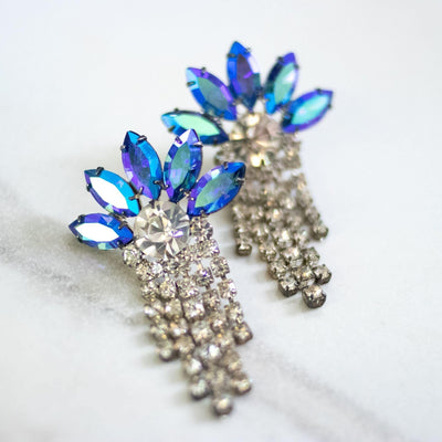 Vintage Blue Aurora Borealis and Diamante Rhinestone Tassel Earrings by Unsigned Beauty - Vintage Meet Modern Vintage Jewelry - Chicago, Illinois - #oldhollywoodglamour #vintagemeetmodern #designervintage #jewelrybox #antiquejewelry #vintagejewelry