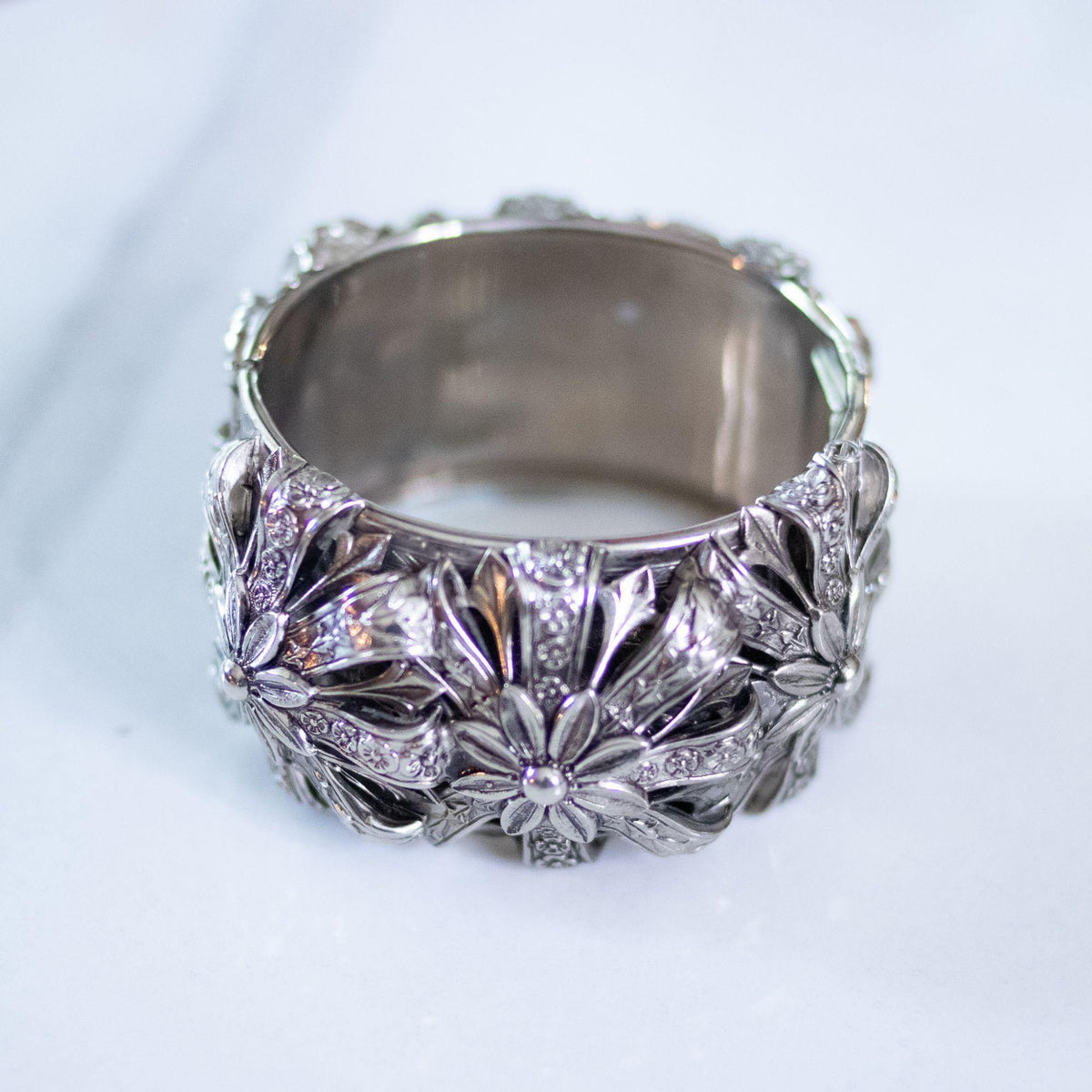 Vintage Unsigned Whiting and Davis Victoria Revival Ornate Wide Bangle Bracelet