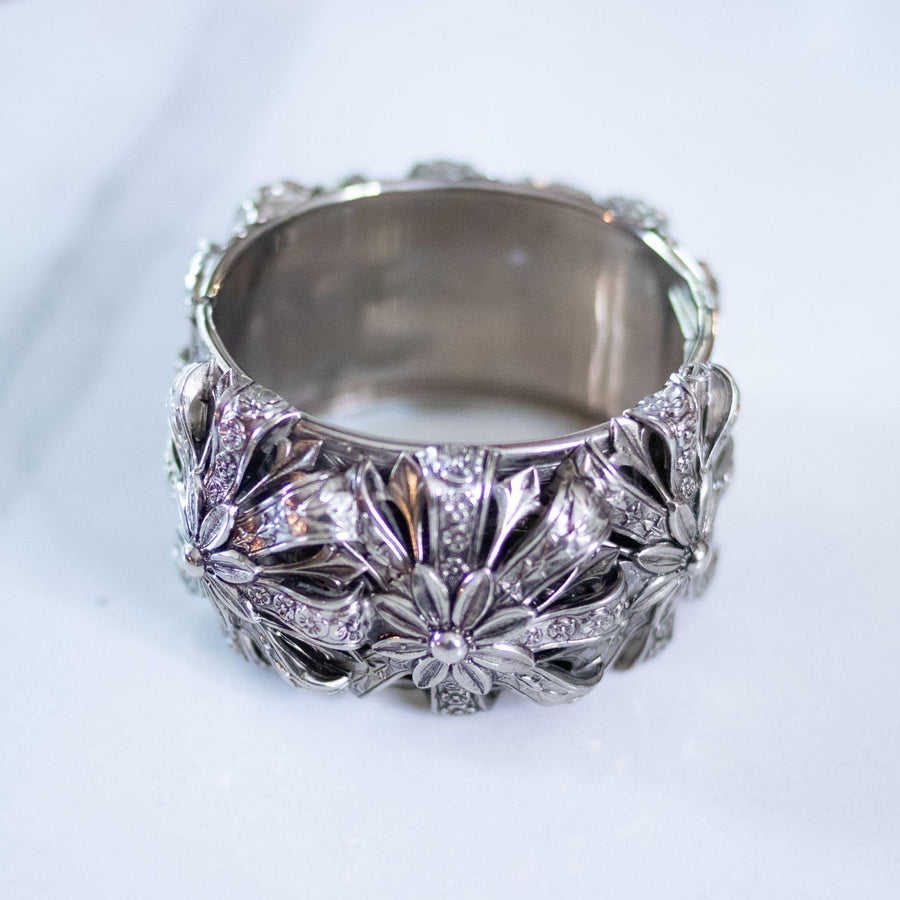 Vintage Unsigned Whiting and Davis Victoria Revival Ornate Wide Bangle Bracelet by Whiting and Davis - Vintage Meet Modern Vintage Jewelry - Chicago, Illinois - #oldhollywoodglamour #vintagemeetmodern #designervintage #jewelrybox #antiquejewelry #vintagejewelry