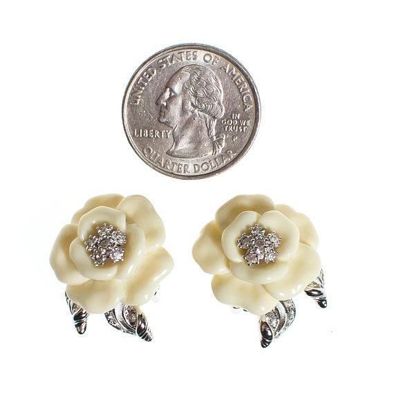 Vintage Nolan Miller Camelia Earrings With Diamante Crystals, Clip On by Nolan Miller - Vintage Meet Modern Vintage Jewelry - Chicago, Illinois - #oldhollywoodglamour #vintagemeetmodern #designervintage #jewelrybox #antiquejewelry #vintagejewelry