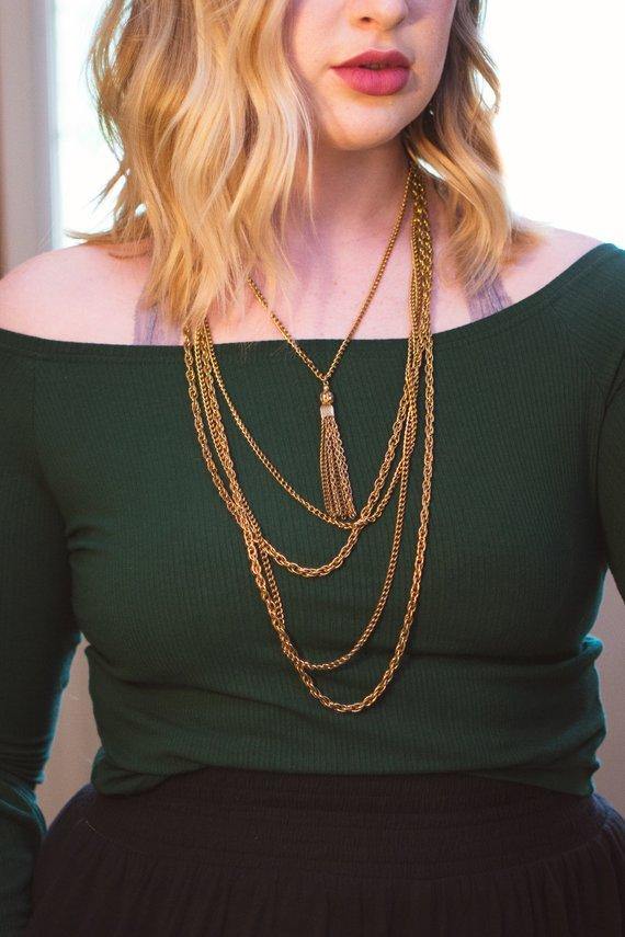 Gold tone multi chain necklace with center tassel pendant by 1960s - Vintage Meet Modern Vintage Jewelry - Chicago, Illinois - #oldhollywoodglamour #vintagemeetmodern #designervintage #jewelrybox #antiquejewelry #vintagejewelry