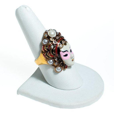Vintage Asian Goddess Princess Mask Ring with Rhinestones and Pearls by 1990s - Vintage Meet Modern Vintage Jewelry - Chicago, Illinois - #oldhollywoodglamour #vintagemeetmodern #designervintage #jewelrybox #antiquejewelry #vintagejewelry
