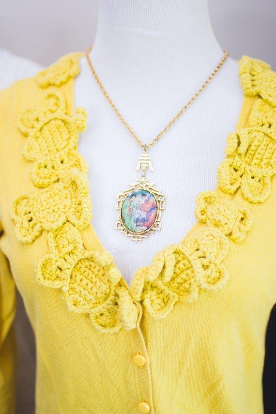 Vintage 1960s Asian Garden Scene Necklace with Geisha, Statement Necklace, Long Pendant by 1960s - Vintage Meet Modern Vintage Jewelry - Chicago, Illinois - #oldhollywoodglamour #vintagemeetmodern #designervintage #jewelrybox #antiquejewelry #vintagejewelry