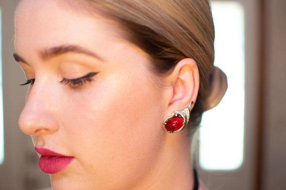 Vintage 1940s Crown Trifari Ruby Crystal Cabochon Silver Earrings by 1940s - Vintage Meet Modern Vintage Jewelry - Chicago, Illinois - #oldhollywoodglamour #vintagemeetmodern #designervintage #jewelrybox #antiquejewelry #vintagejewelry