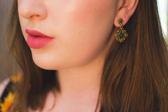 Vintage Jade Glass and Gold Filigree Dangling Pierced Statement Earrings Victorian Revival by 1960s - Vintage Meet Modern Vintage Jewelry - Chicago, Illinois - #oldhollywoodglamour #vintagemeetmodern #designervintage #jewelrybox #antiquejewelry #vintagejewelry