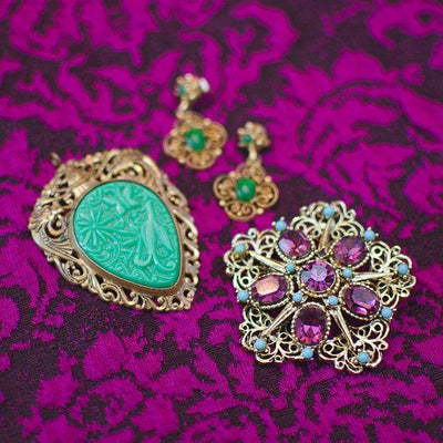 Vintage 1940s Gold Gilt Filigree Asian Influence Brooch Pendant with Faux Jade Carved Floral Relief by 1940s - Vintage Meet Modern Vintage Jewelry - Chicago, Illinois - #oldhollywoodglamour #vintagemeetmodern #designervintage #jewelrybox #antiquejewelry #vintagejewelry