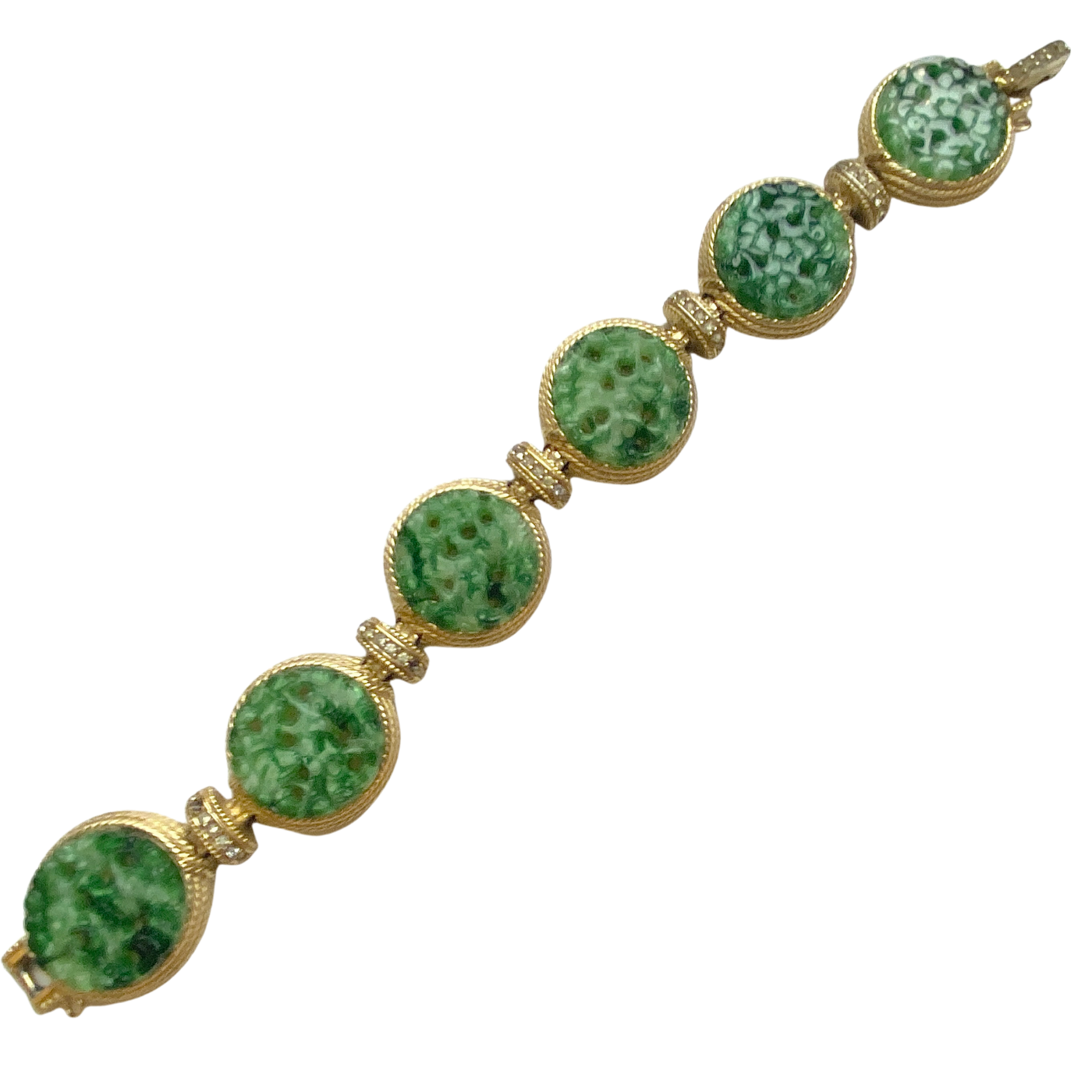 Ciner Carved Jade and Diamante Rhinestone Bracelet by Vintage Meet Modern - Vintage Meet Modern Vintage Jewelry - Chicago, Illinois - #oldhollywoodglamour #vintagemeetmodern #designervintage #jewelrybox #antiquejewelry #vintagejewelry