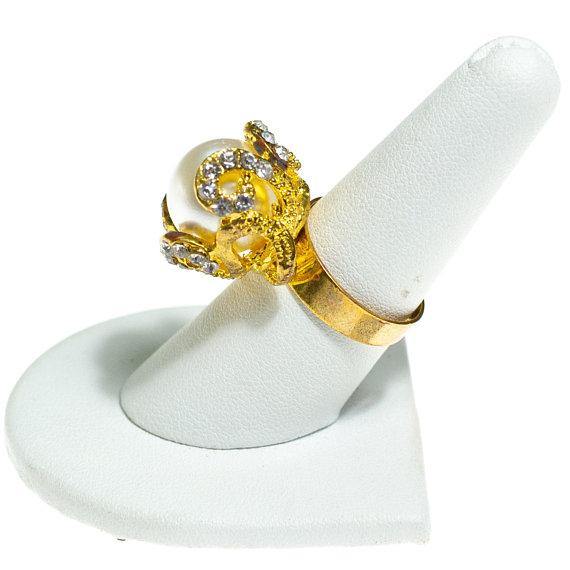 Vintage Faux Pearl and Rhinestones Statement Cocktail Ring, Adjustable by 1960s - Vintage Meet Modern Vintage Jewelry - Chicago, Illinois - #oldhollywoodglamour #vintagemeetmodern #designervintage #jewelrybox #antiquejewelry #vintagejewelry
