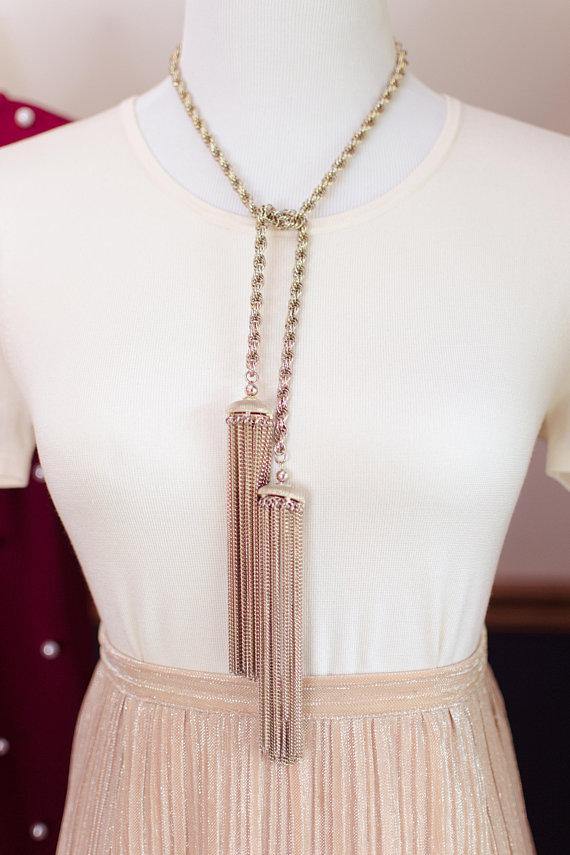 Vintage Gold Tone Lariate Tassel Necklace by 1960s - Vintage Meet Modern Vintage Jewelry - Chicago, Illinois - #oldhollywoodglamour #vintagemeetmodern #designervintage #jewelrybox #antiquejewelry #vintagejewelry