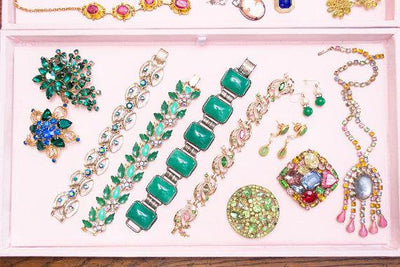 Vintage Faux Pearl, Green Glass Earrings, 1970's, Dangle Earrings, Clear Rondelle Rhinestones by 1970s - Vintage Meet Modern Vintage Jewelry - Chicago, Illinois - #oldhollywoodglamour #vintagemeetmodern #designervintage #jewelrybox #antiquejewelry #vintagejewelry
