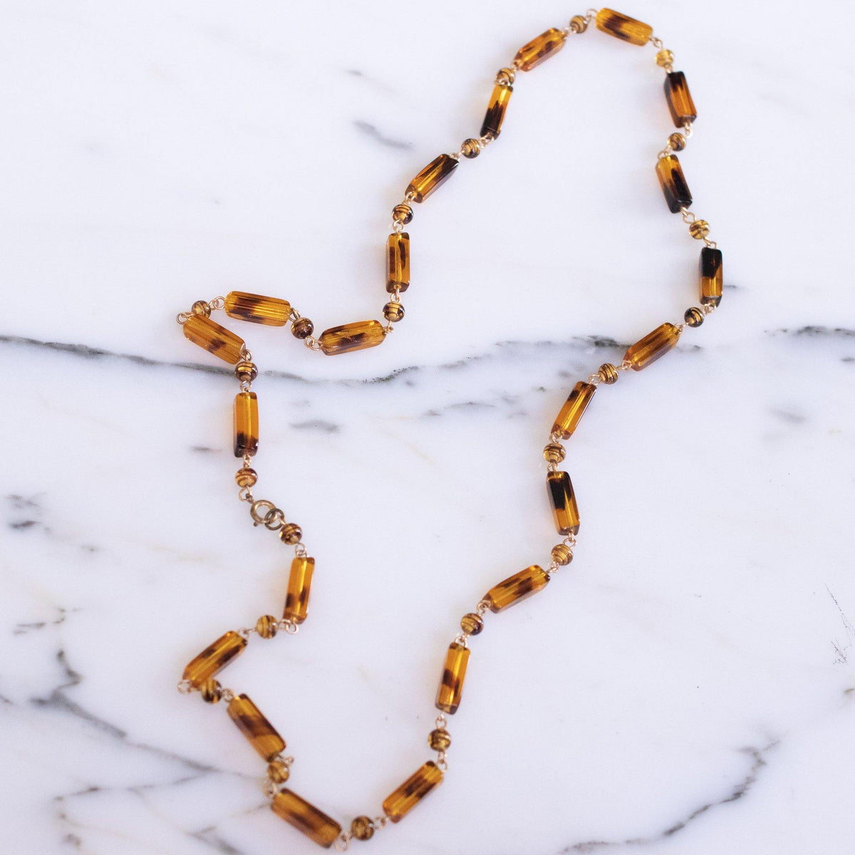 Vintage Art Deco Tigers Eye Glass Geometric Beaded Necklace