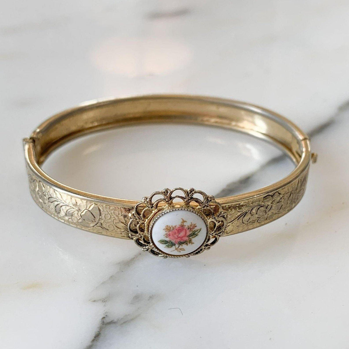 Hinged Bangle Bracelet with Hand Painted Rose Design on Porcelain