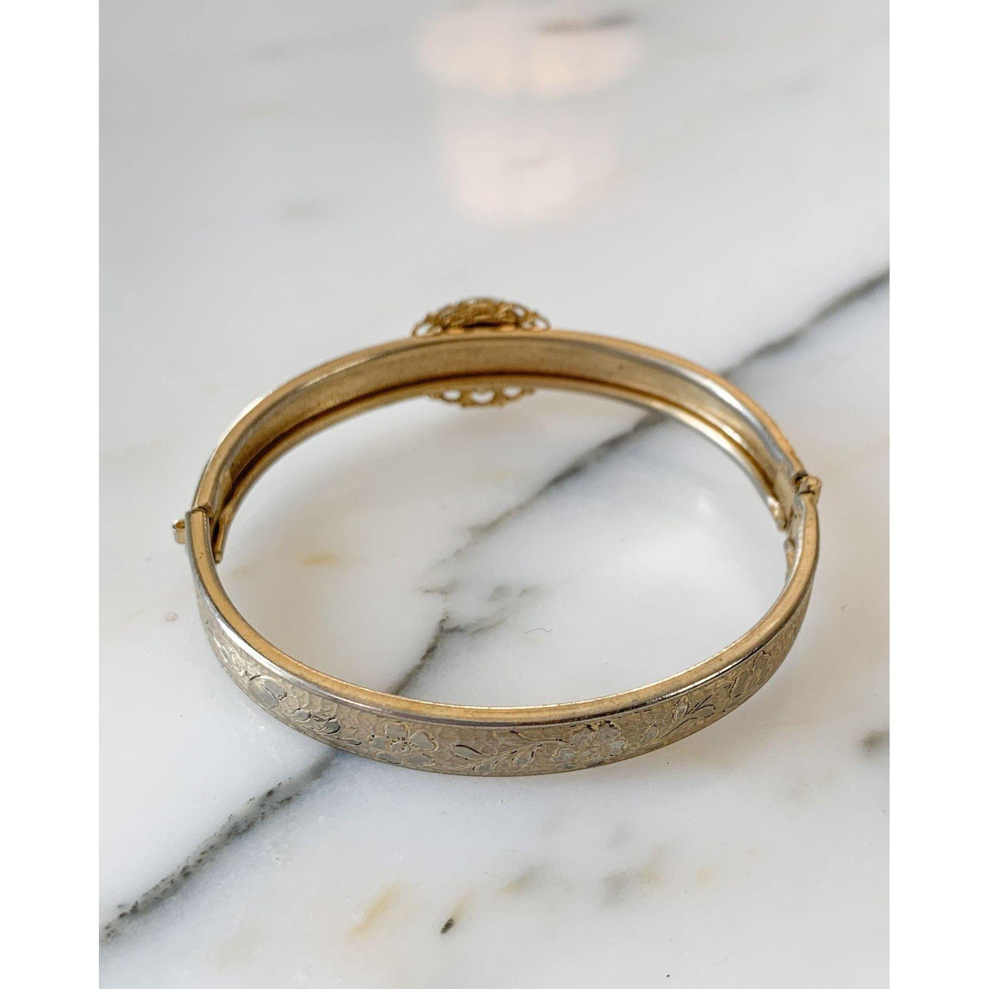 Hinged Bangle Bracelet with Hand Painted Rose Design on Porcelain by Unsigned Beauty - Vintage Meet Modern Vintage Jewelry - Chicago, Illinois - #oldhollywoodglamour #vintagemeetmodern #designervintage #jewelrybox #antiquejewelry #vintagejewelry