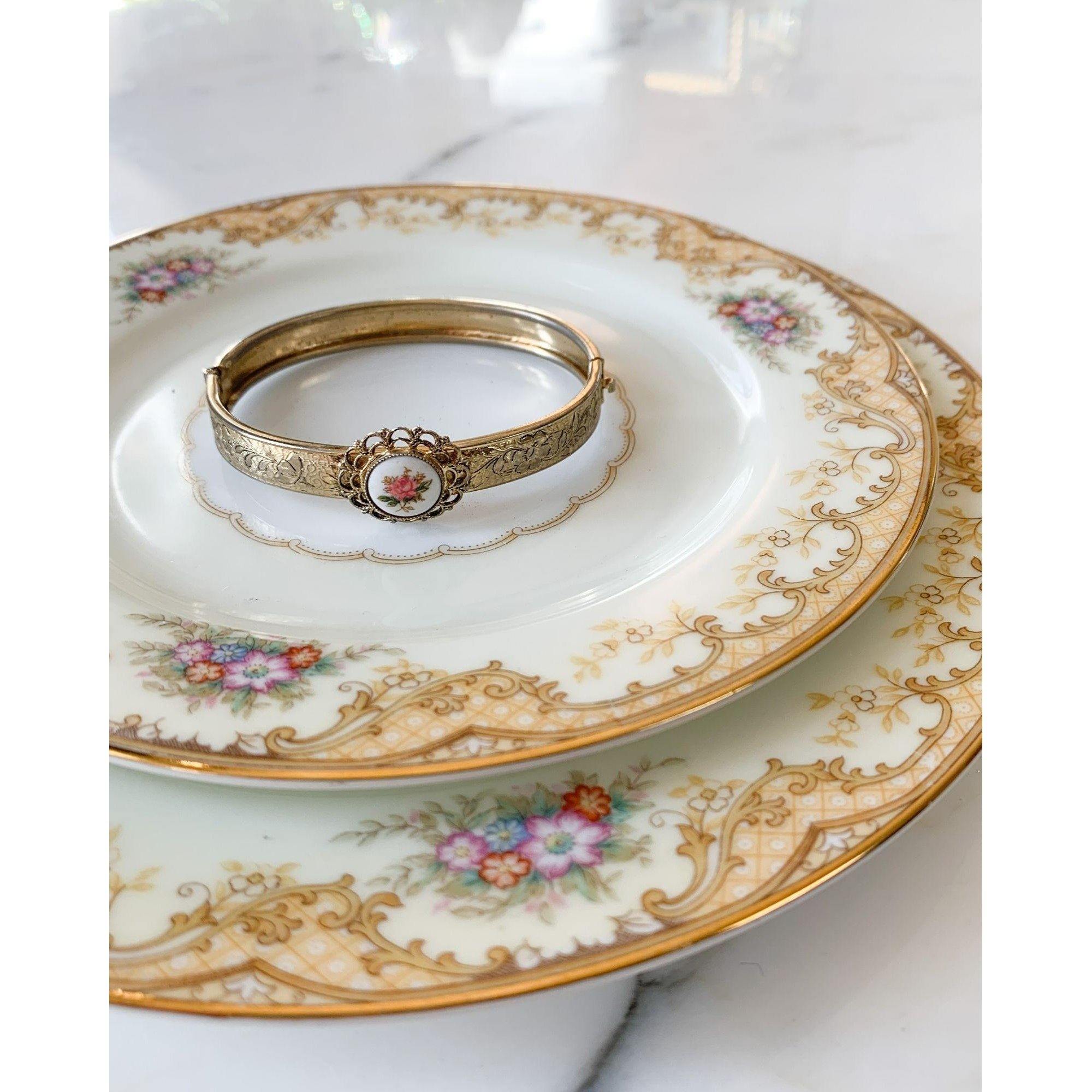 Hinged Bangle Bracelet with Hand Painted Rose Design on Porcelain by Unsigned Beauty - Vintage Meet Modern Vintage Jewelry - Chicago, Illinois - #oldhollywoodglamour #vintagemeetmodern #designervintage #jewelrybox #antiquejewelry #vintagejewelry