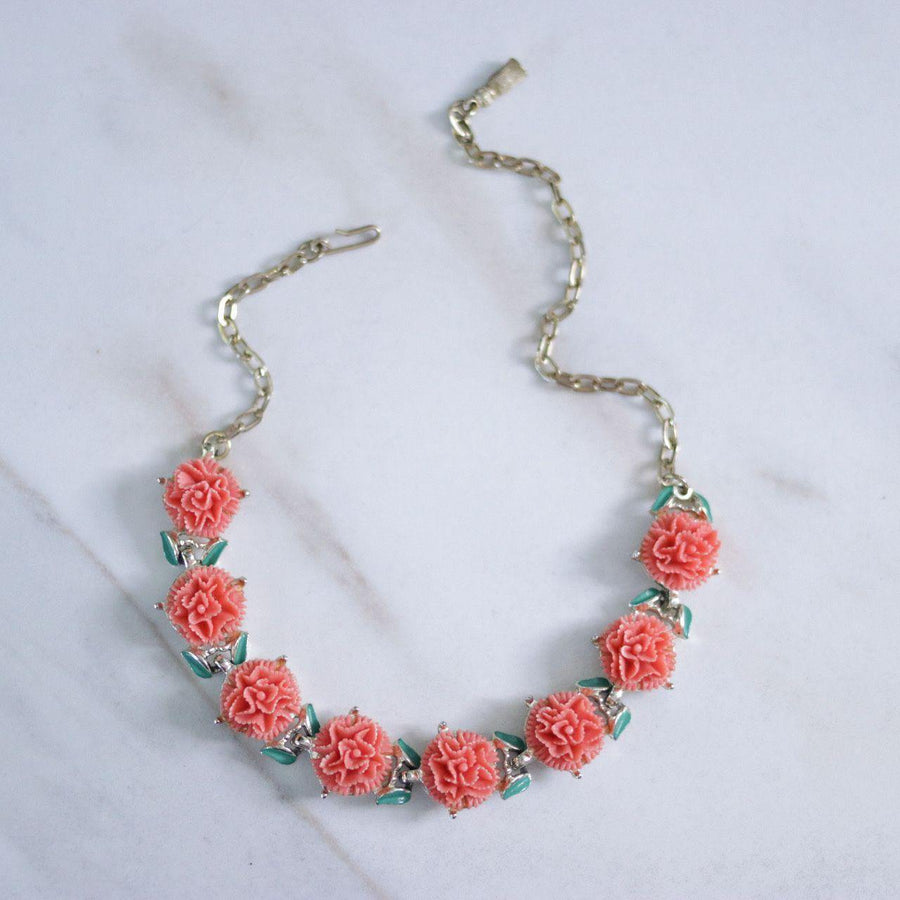 Vintage Carved Coral Lucite Necklace by Unsigned Beauty - Vintage Meet Modern Vintage Jewelry - Chicago, Illinois - #oldhollywoodglamour #vintagemeetmodern #designervintage #jewelrybox #antiquejewelry #vintagejewelry