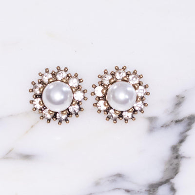 Vintage Style Faux Pearl Earrings with Crystal Halo by Vintage Meet Modern - Vintage Meet Modern Vintage Jewelry - Chicago, Illinois - #oldhollywoodglamour #vintagemeetmodern #designervintage #jewelrybox #antiquejewelry #vintagejewelry
