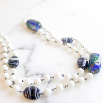Vintage Art Deco Style Milk Glass and Art Glass Beaded Necklace by Unsigned Beauty - Vintage Meet Modern Vintage Jewelry - Chicago, Illinois - #oldhollywoodglamour #vintagemeetmodern #designervintage #jewelrybox #antiquejewelry #vintagejewelry