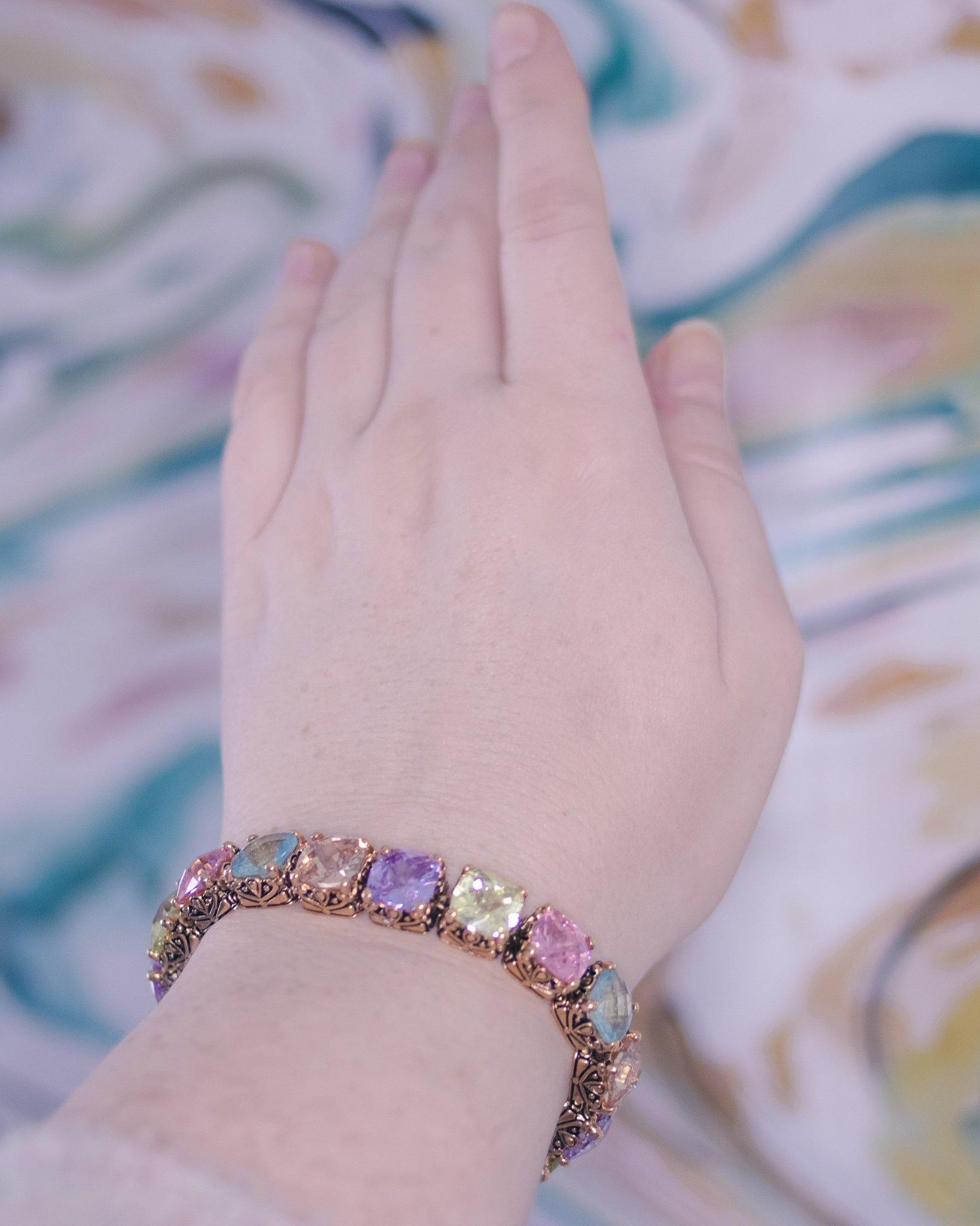 Vintage Seta Pastel Cushion Cut CZ Wide Tennis Style Line Bracelet in Purple, Pink, Light Blue and Lemon Citrine by SETA - Vintage Meet Modern Vintage Jewelry - Chicago, Illinois - #oldhollywoodglamour #vintagemeetmodern #designervintage #jewelrybox #antiquejewelry #vintagejewelry