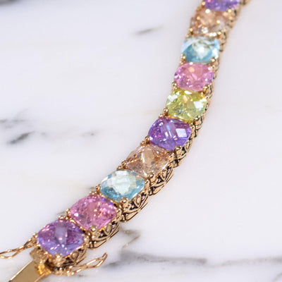 Vintage Seta Pastel Cushion Cut CZ Wide Tennis Style Line Bracelet in Purple, Pink, Light Blue and Lemon Citrine by SETA - Vintage Meet Modern Vintage Jewelry - Chicago, Illinois - #oldhollywoodglamour #vintagemeetmodern #designervintage #jewelrybox #antiquejewelry #vintagejewelry