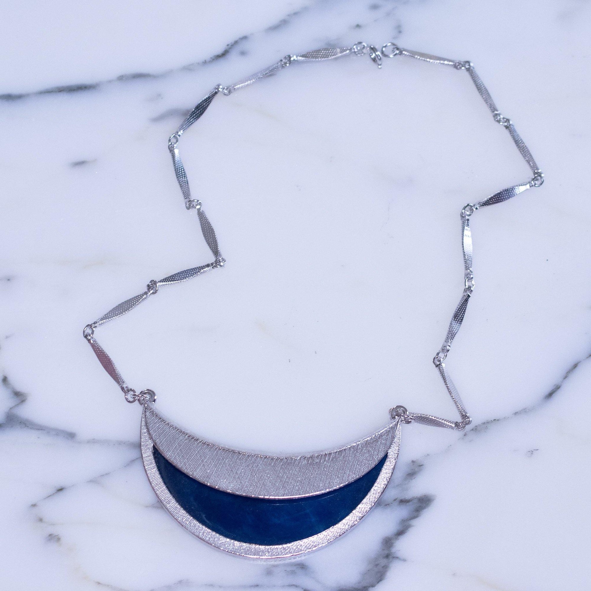 Vintage Berege Blue And Silver Crescent Pendant Necklace by Bergere - Vintage Meet Modern Vintage Jewelry - Chicago, Illinois - #oldhollywoodglamour #vintagemeetmodern #designervintage #jewelrybox #antiquejewelry #vintagejewelry