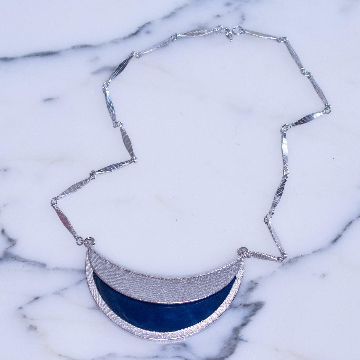 Vintage Berege Blue And Silver Crescent Pendant Necklace