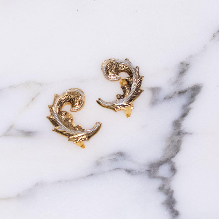 Vintage Damascene Gold and Silver Damascene Crested Plume Earrings by Made in Spain - Vintage Meet Modern Vintage Jewelry - Chicago, Illinois - #oldhollywoodglamour #vintagemeetmodern #designervintage #jewelrybox #antiquejewelry #vintagejewelry