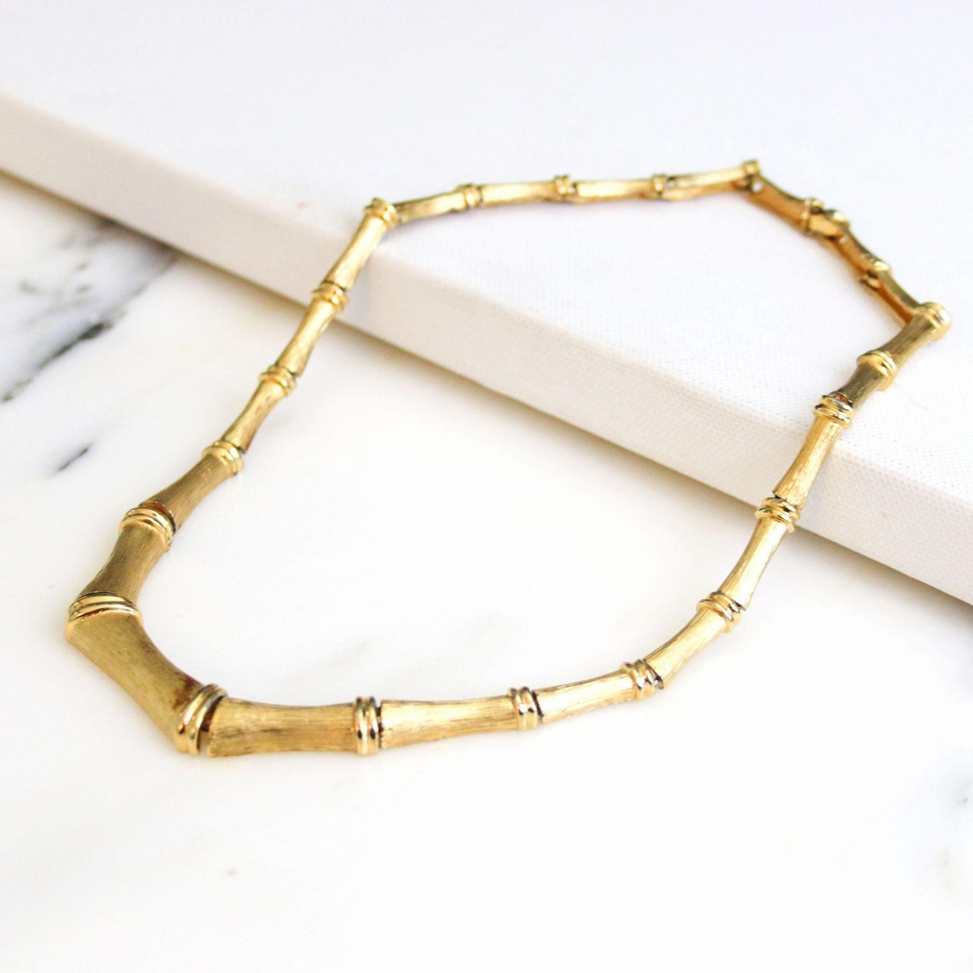 Vintage Mid Century Gold Bamboo Link Necklace by Unsigned Beauty - Vintage Meet Modern Vintage Jewelry - Chicago, Illinois - #oldhollywoodglamour #vintagemeetmodern #designervintage #jewelrybox #antiquejewelry #vintagejewelry