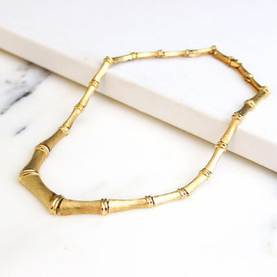 Vintage Mid Century Gold Bamboo Link Necklace by Unsigned Beauty - Vintage Meet Modern Vintage Jewelry - Chicago, Illinois - #oldhollywoodglamour #vintagemeetmodern #designervintage #jewelrybox #antiquejewelry #vintagejewelry