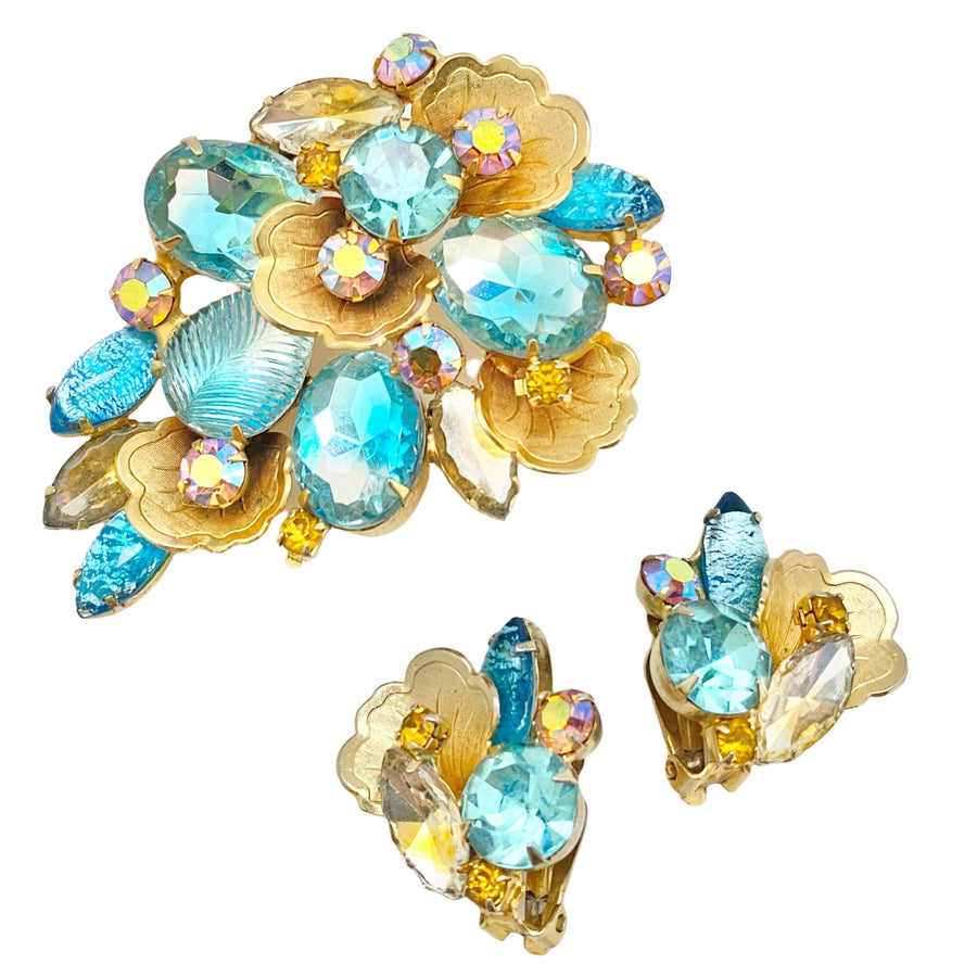 Vintage Aqua and Aurora Borealis Gold Leaf and Earring Demi Parure by Unsigned Beauty - Vintage Meet Modern Vintage Jewelry - Chicago, Illinois - #oldhollywoodglamour #vintagemeetmodern #designervintage #jewelrybox #antiquejewelry #vintagejewelry