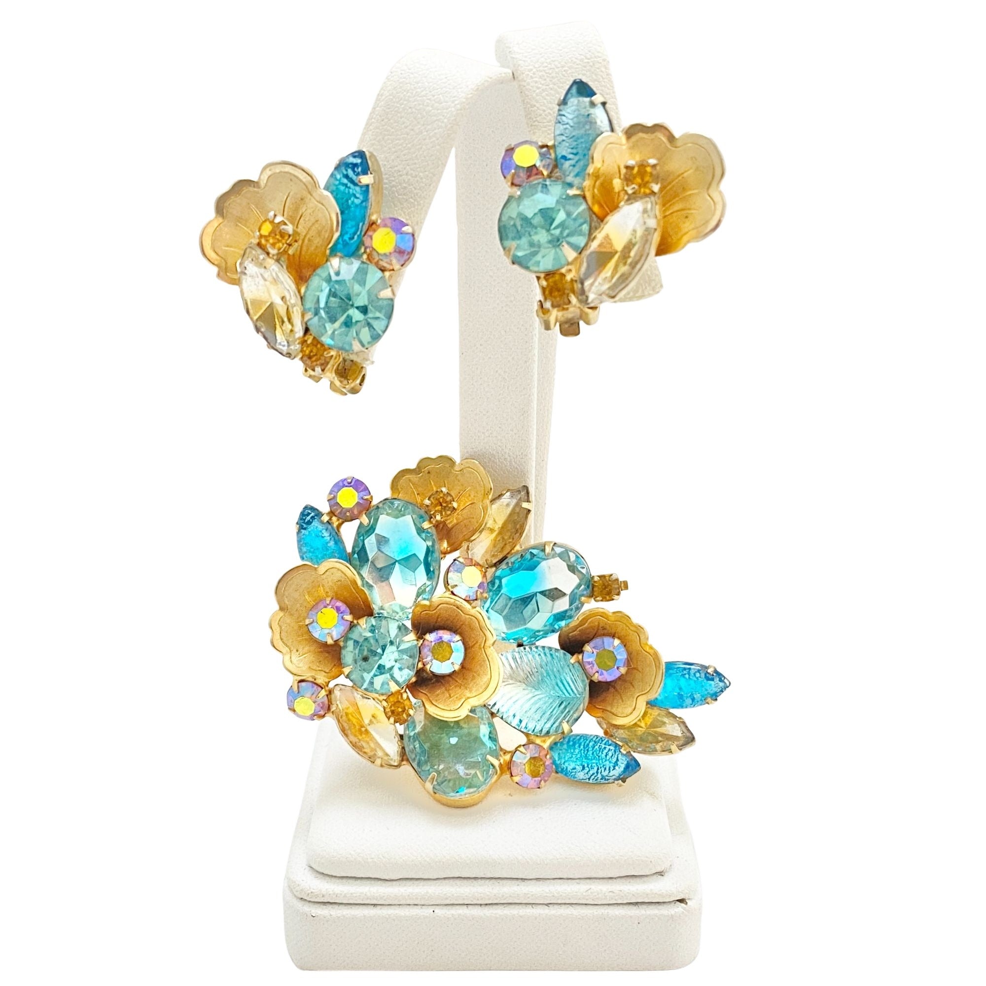 Vintage Aqua and Aurora Borealis Gold Leaf and Earring Demi Parure by Unsigned Beauty - Vintage Meet Modern Vintage Jewelry - Chicago, Illinois - #oldhollywoodglamour #vintagemeetmodern #designervintage #jewelrybox #antiquejewelry #vintagejewelry