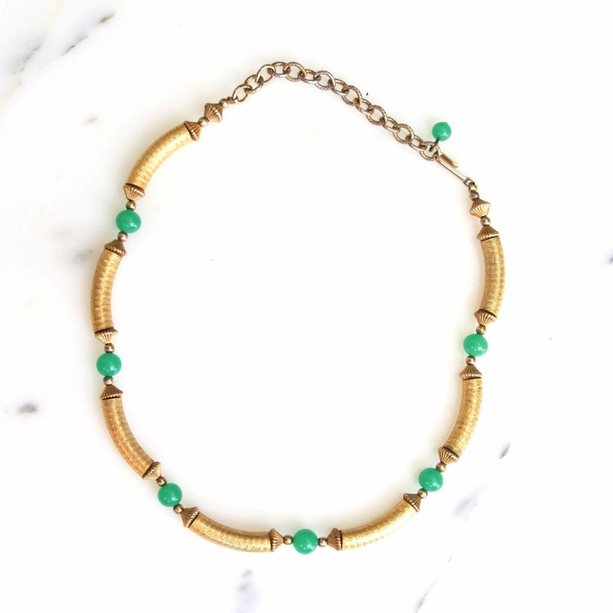 Vintage Brush Gold Long Link and Jade Glass Bead Necklace by Unsigned Beauty - Vintage Meet Modern Vintage Jewelry - Chicago, Illinois - #oldhollywoodglamour #vintagemeetmodern #designervintage #jewelrybox #antiquejewelry #vintagejewelry