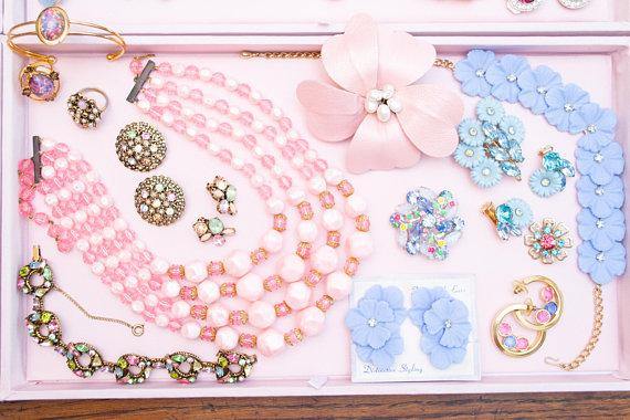 Vintage Pastel Rhinestone, Faux Pearl, Statement Earrings, Antique Gold Tone, Clip Back by 1950s - Vintage Meet Modern Vintage Jewelry - Chicago, Illinois - #oldhollywoodglamour #vintagemeetmodern #designervintage #jewelrybox #antiquejewelry #vintagejewelry