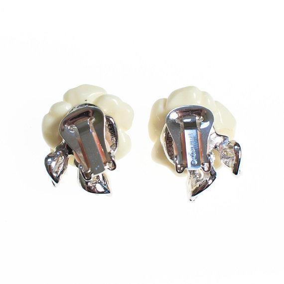 Vintage Nolan Miller Camelia Earrings With Diamante Crystals, Clip On by Nolan Miller - Vintage Meet Modern Vintage Jewelry - Chicago, Illinois - #oldhollywoodglamour #vintagemeetmodern #designervintage #jewelrybox #antiquejewelry #vintagejewelry