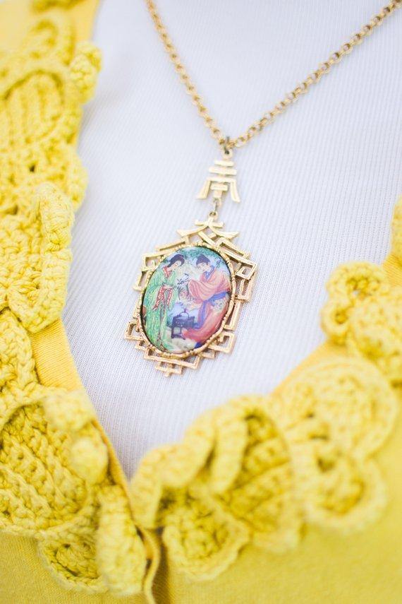 Vintage 1960s Asian Garden Scene Necklace with Geisha, Statement Necklace, Long Pendant by 1960s - Vintage Meet Modern Vintage Jewelry - Chicago, Illinois - #oldhollywoodglamour #vintagemeetmodern #designervintage #jewelrybox #antiquejewelry #vintagejewelry