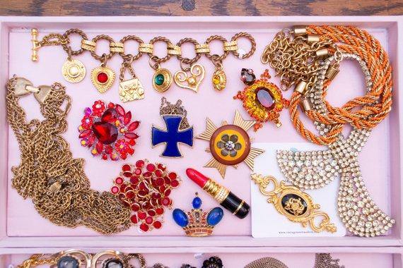 Vintage Royal Gold Crown Brooch with Sapphire Blue Cabochons and Red and Gray Enamel Accents by 1980s - Vintage Meet Modern Vintage Jewelry - Chicago, Illinois - #oldhollywoodglamour #vintagemeetmodern #designervintage #jewelrybox #antiquejewelry #vintagejewelry