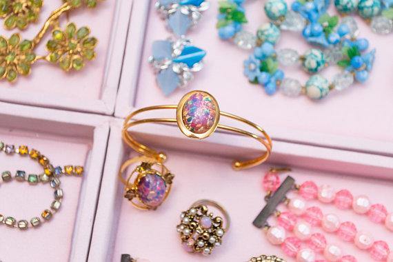 Hollycraft Adjustable Ring, Faux Seed Pearls, Opaline, Rhinestones, Gold Tone by 1950s - Vintage Meet Modern Vintage Jewelry - Chicago, Illinois - #oldhollywoodglamour #vintagemeetmodern #designervintage #jewelrybox #antiquejewelry #vintagejewelry