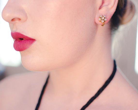 Vintage Petite Opaline Cluster Earrings, Clip On by 1950s - Vintage Meet Modern Vintage Jewelry - Chicago, Illinois - #oldhollywoodglamour #vintagemeetmodern #designervintage #jewelrybox #antiquejewelry #vintagejewelry